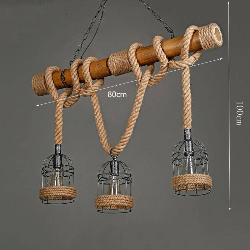 Suspension rustique LED en bois avec corde et plusieurs cage en métal style rétro