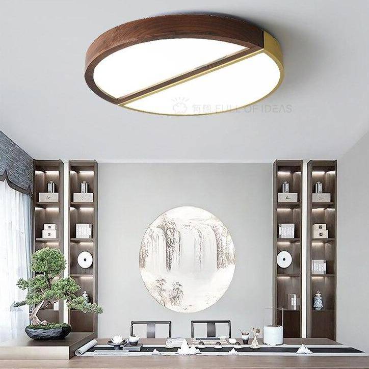 Plafonnier design à LED rond en bois et métal doré