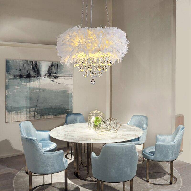 Lustre rond moderne LED en plumes et verre cristal