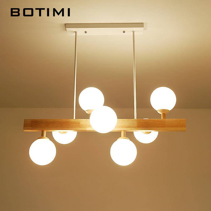 Lustre LED en bois avec lampe dans boule en verre
