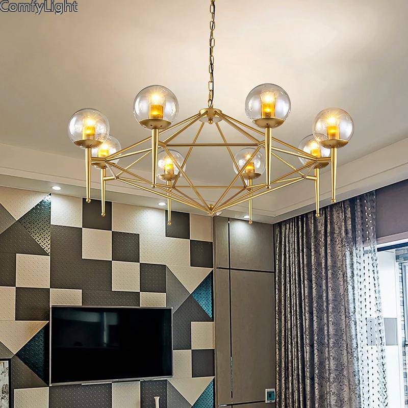 Lustre design vintage doré et boule en verre style loft