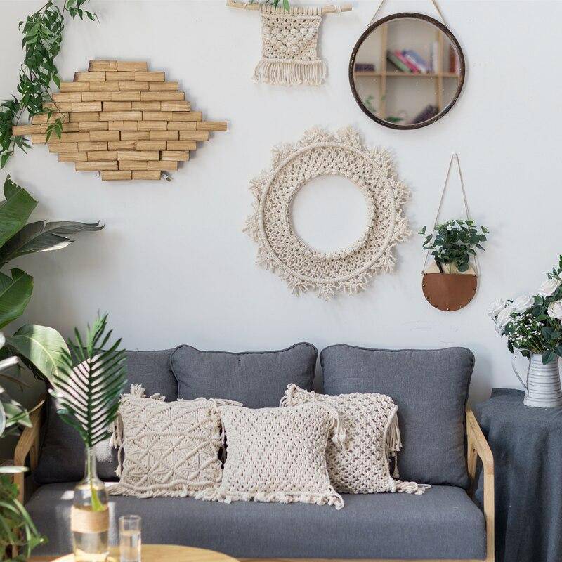 Miroir mural rond en tissu beige Bohemian