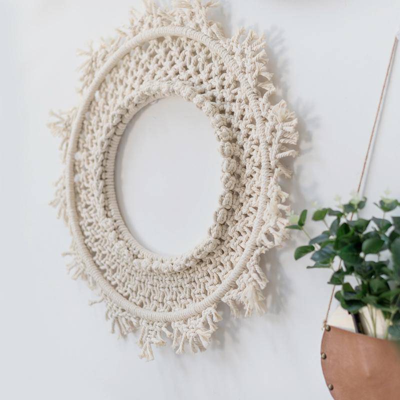 Miroir mural rond en tissu beige Bohemian