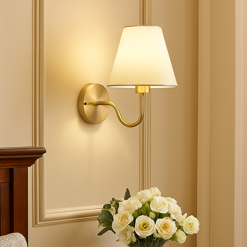 5/12W American Fabric Wall Lamp Modern Gold LED E27 Bulb Cloth Lampshade Wall Light for Hotel Bedroom Bedside Decoration Sconces - vue 4 sur 10