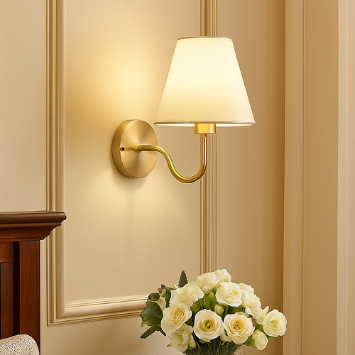 5/12W American Fabric Wall Lamp Modern Gold LED E27 Bulb Cloth Lampshade Wall Light for Hotel Bedroom Bedside Decoration Sconces