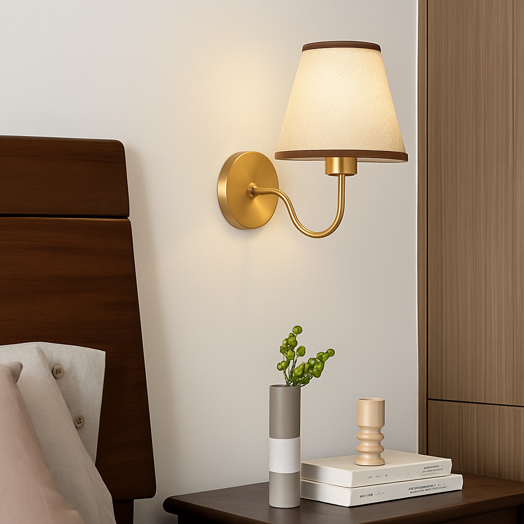5/12W American Fabric Wall Lamp Modern Gold LED E27 Bulb Cloth Lampshade Wall Light for Hotel Bedroom Bedside Decoration Sconces - vue 5 sur 10