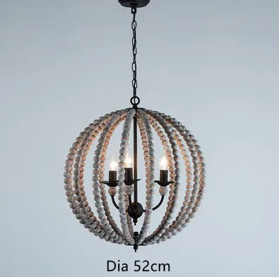 lustre rond en perles de bois style rétro rustique en fer blanc - vue 10 sur 11