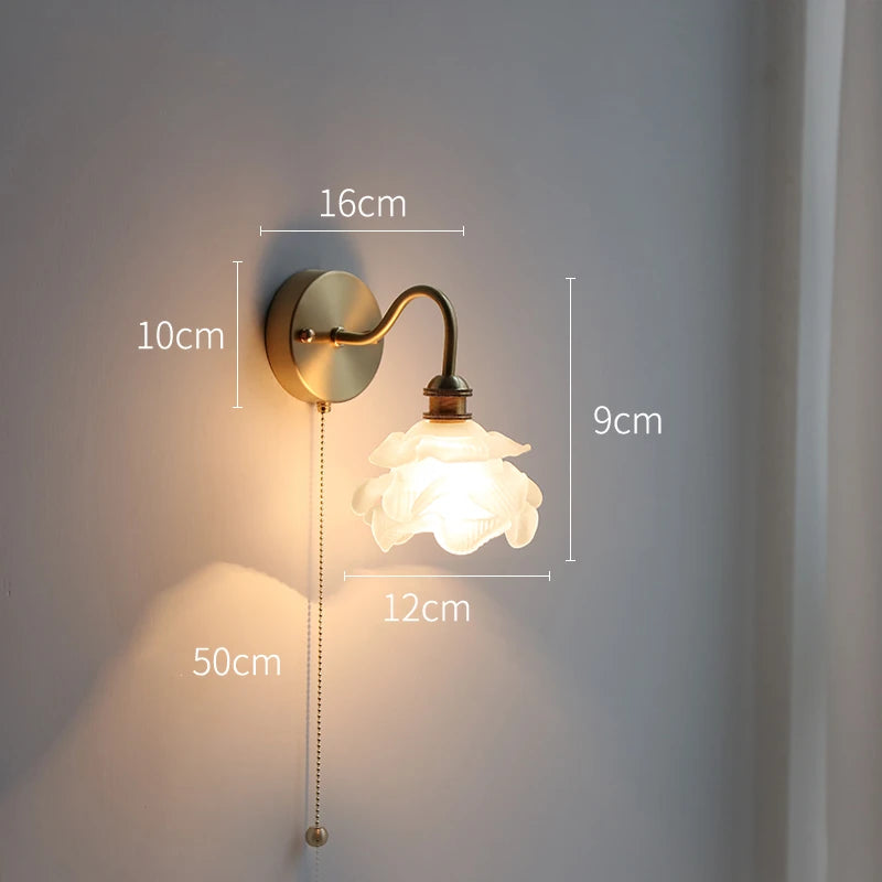 Applique murale fleur verre cuivre tirer chaîne interrupteur LED chambre salle de bain miroir escalier lumière nordique moderne - vue 4 sur 22