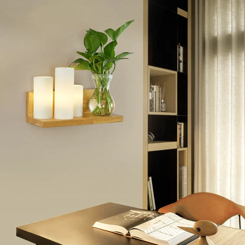 applique murale nordique bois plante verte abat-jour verre led - vue 4 sur 16