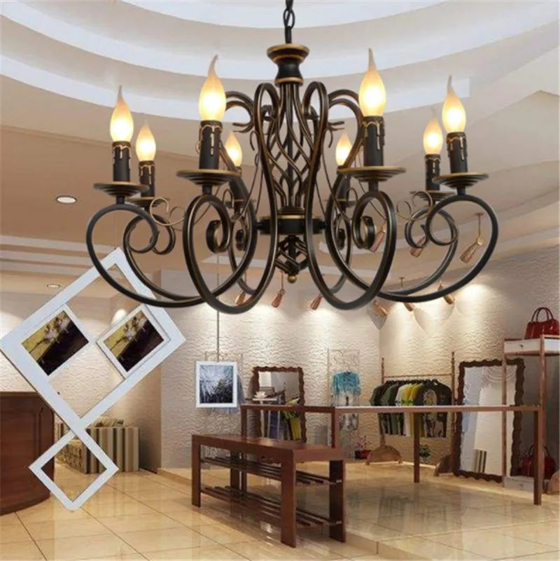 lustre vintage européen en fer avec bougies à led - vue 3 sur 8