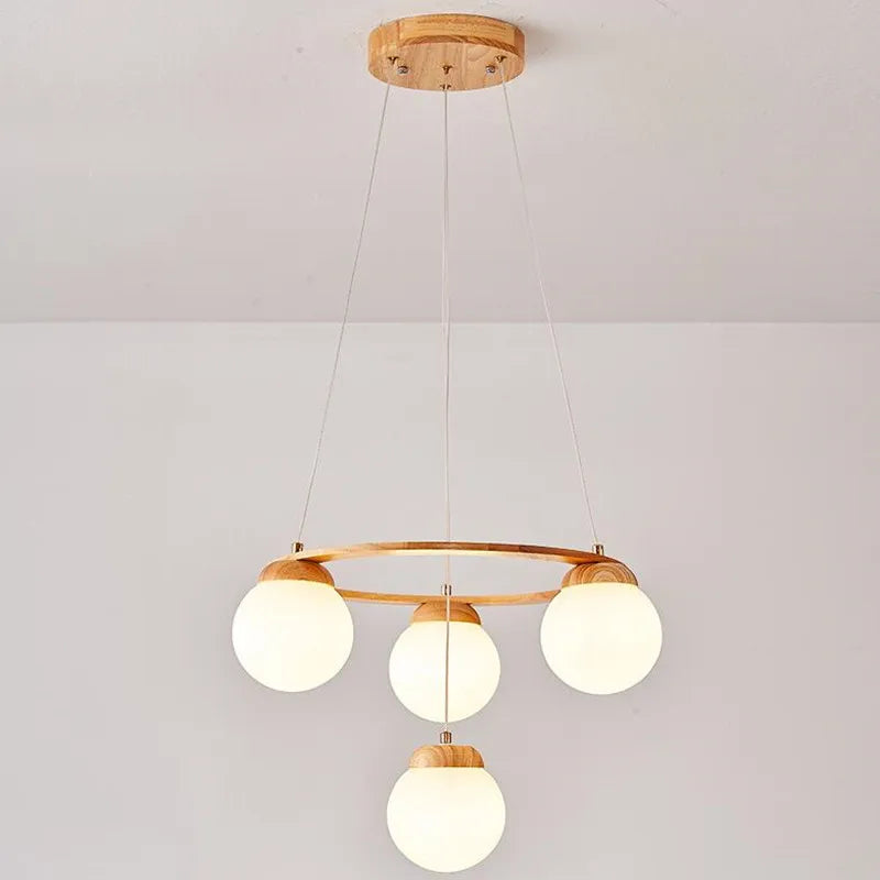 suspension nordique moderne en bois et verre blanc - vue 4 sur 15