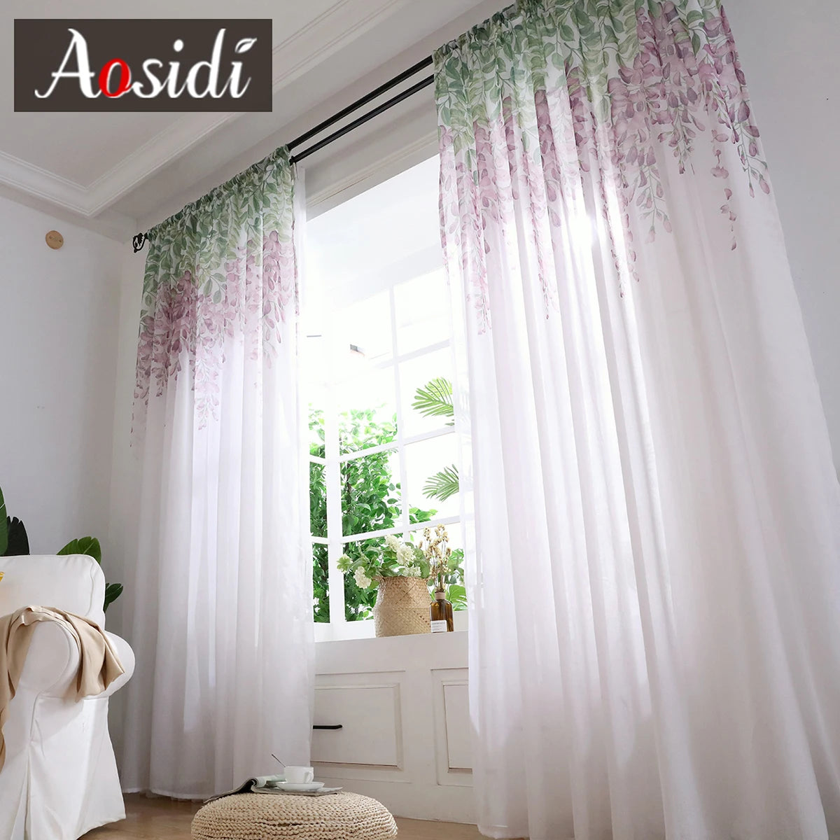 Voilage tulle motif floral moderne pour salon chambre - vue 4 sur 7