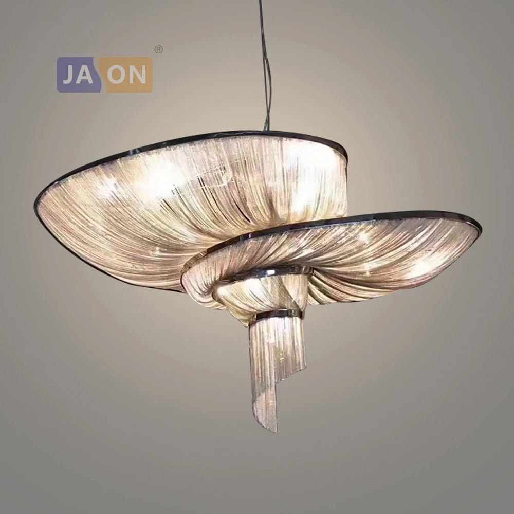 lustre rétro vintage en aluminium avec chaîne dorée et chromée - vue 4 sur 6