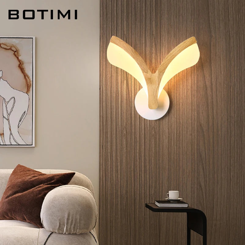 Applique murale LED en bois avec Base en métal blanc