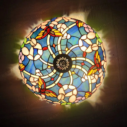 plafonnier fleurs papillons style campagne lampes rétro en verre artisanales - vue 3 sur 5