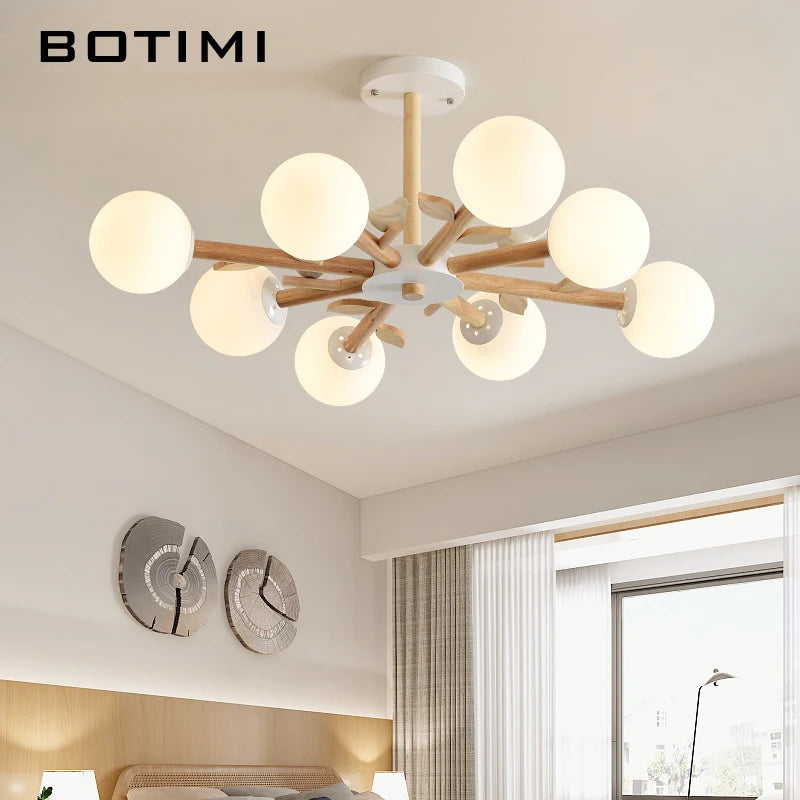 lustre botimi en bois naturel avec abat-jour rond en verre - vue 2 sur 11