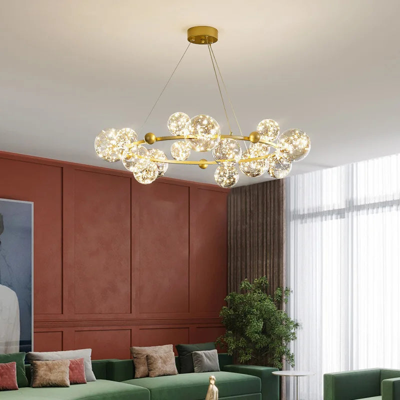 lustre moderne de luxe avec anneaux led et boule de verre