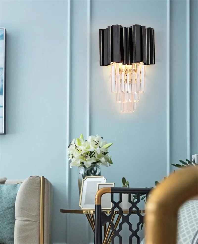 Crystal Wall Light, Gold Black Finish Wall Sconce, Modern K9 Crystal Drops Shade Wall Lamp Bedroom Living Room Lighting - vue 5 sur 7