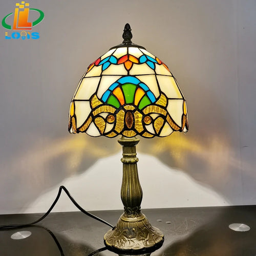 lampe à poser baroque européenne style tiffany en verre antique - vue 7 sur 6