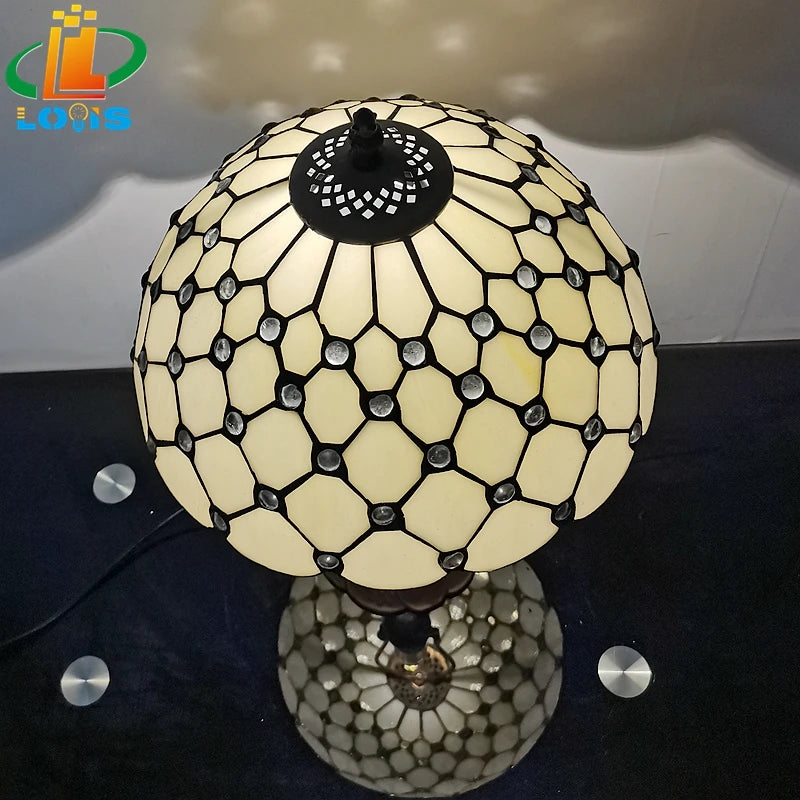 12 Inch European Crystal Bead Glass Table Lamp Tiffany Style Study Room Reading Bar Table Lighting Simple Retro Art Metal Base - vue 4 sur 5
