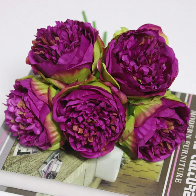 bouquet de 5 têtes de roses et pivoines artificielles pour mariage décoration - vue 6 sur 13