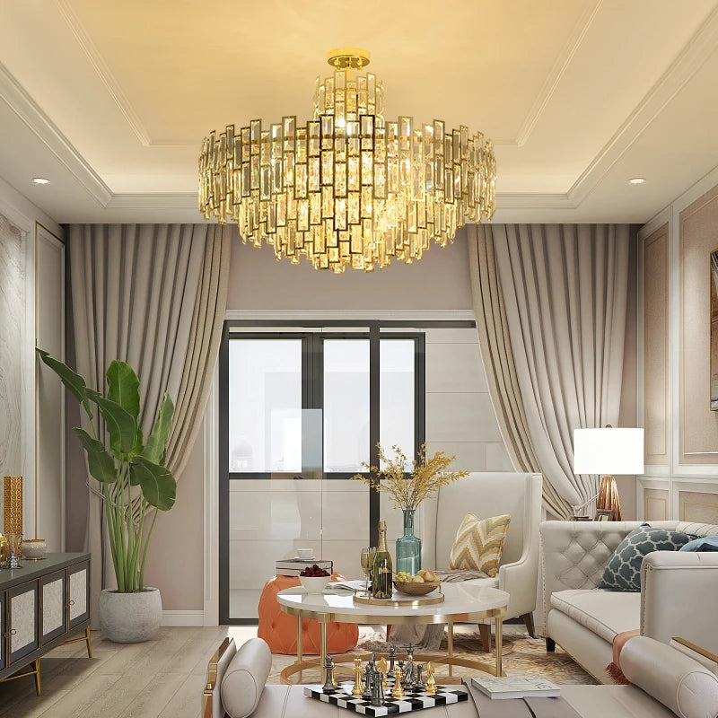 lustre design led moderne en cristal argenté et doré suspendu - vue 11 sur 13