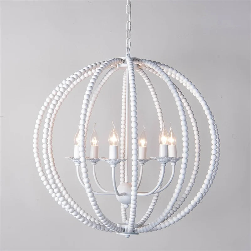 lustre rond en perles de bois style rétro rustique en fer blanc - vue 4 sur 11