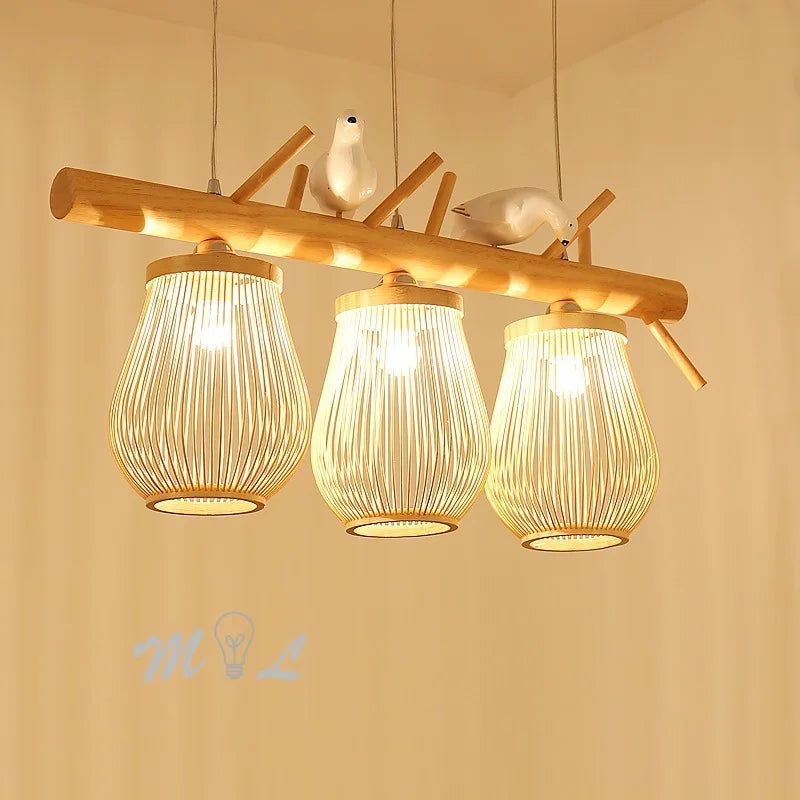 suspension moderne en bois et bambou design oiseau décoratif - vue 3 sur 10