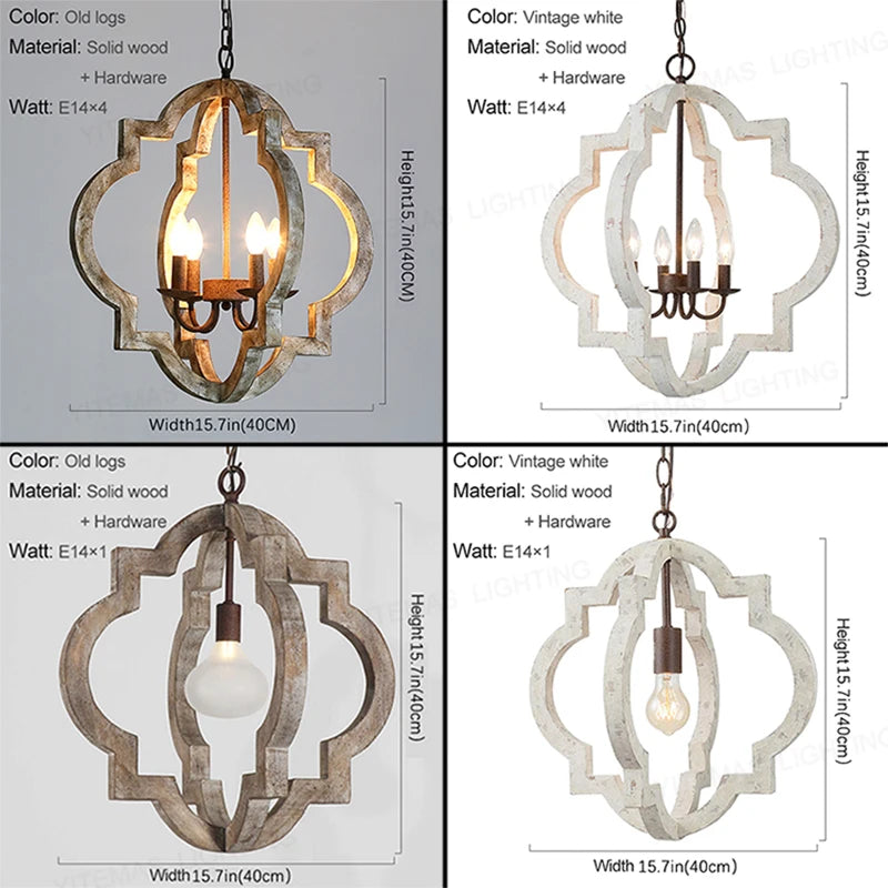 Vintage lustre en bois massif éclairage à la maison style français américain pour salon chambre à manger cuisine rétro blanc 4 lumières - vue 7 sur 10