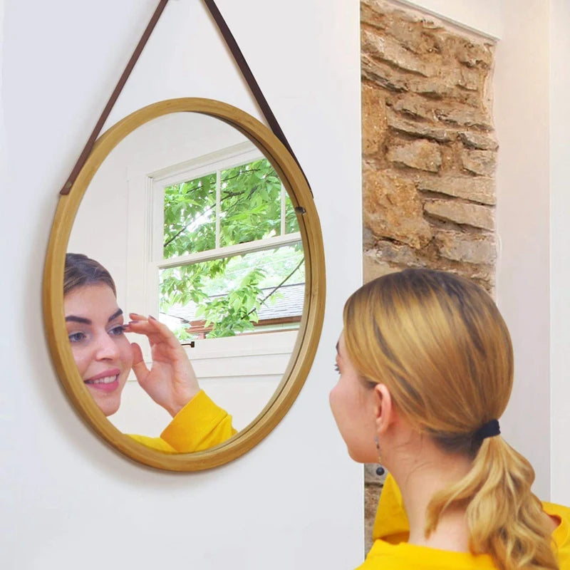 miroir rond suspendu en bambou avec sangle en cuir réglable - vue 8 sur 7
