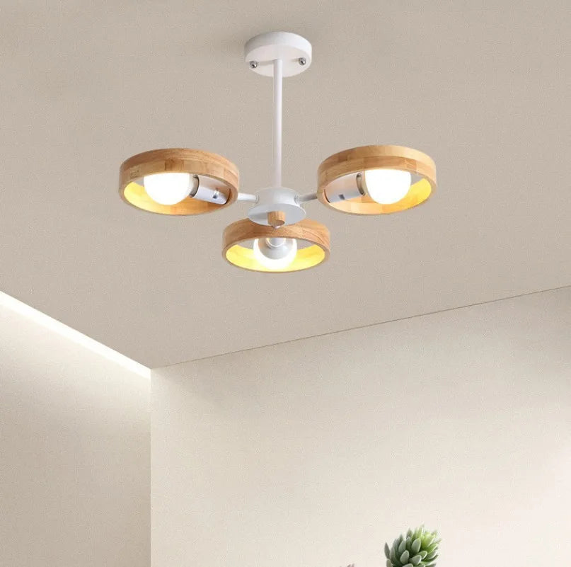 Lampe de lustre en bois nordique pour salon chambre salle à manger décor abat-jour en bois rond noir E27 Suspension - vue 5 sur 12