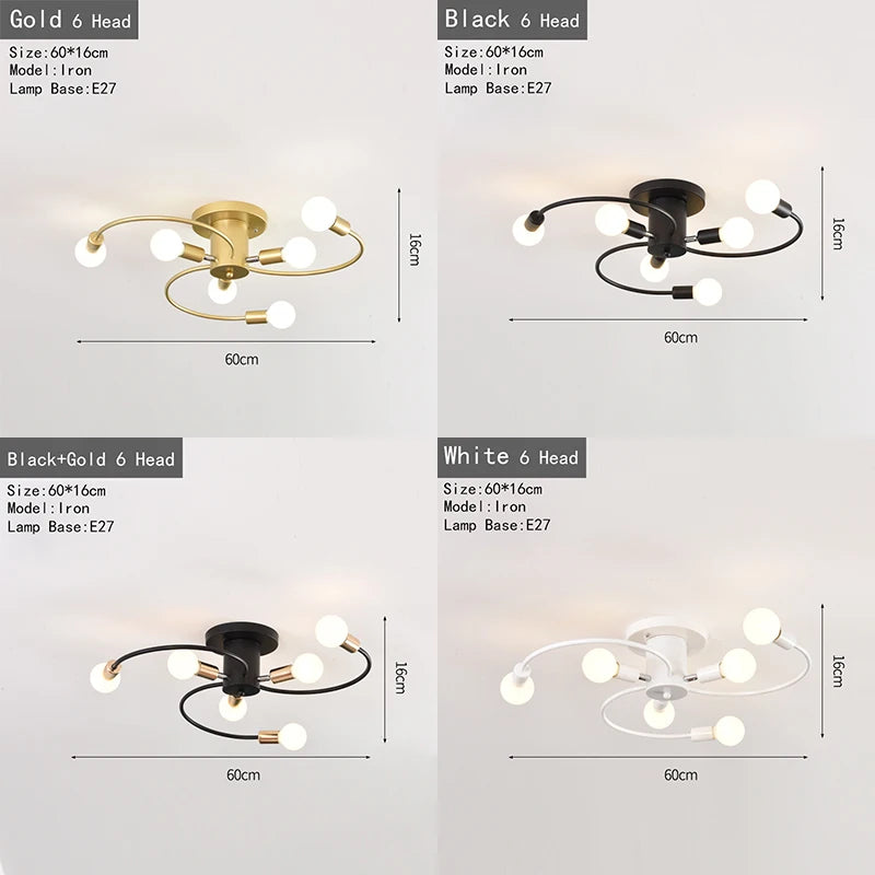 plafonnier vintage 6 têtes fer noir blanc doré rétro