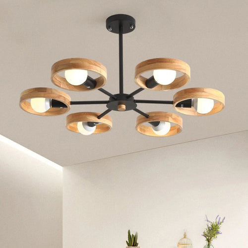 lustre nordique en bois avec abat-jour rond suspendu