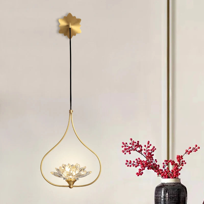 Étude G9 LED Lotus appliques murales pour salon Restaurant lecture éclairage chinois cuivre longue applique murale en cristal Lampara Pared - vue 5 sur 6