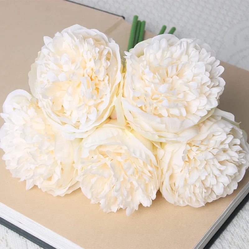bouquet de 5 têtes de roses et pivoines artificielles pour mariage décoration - vue 9 sur 13
