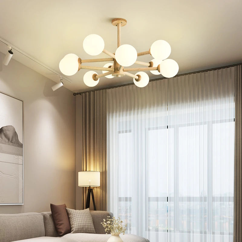 lustre nordique led en bois massif moderne rond - vue 4 sur 10