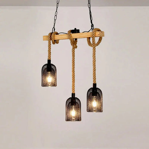 lustre industriel rétro avec 3 têtes en bois et corde de chanvre - vue 6 sur 8