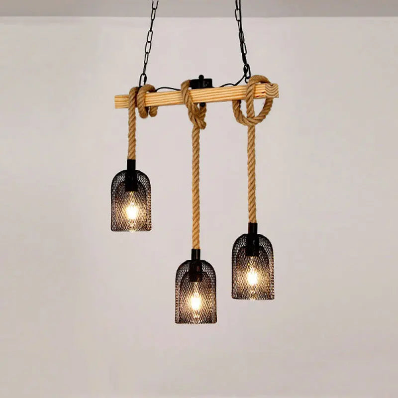 lustre industriel rétro avec 3 têtes en bois et corde de chanvre - vue 5 sur 8
