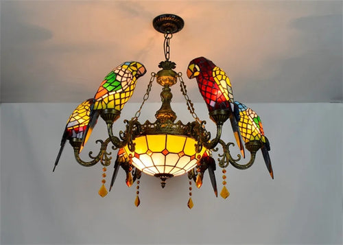 lustre tiffany vitrail lumineux oiseau perroquet design élégant intérieur - vue 14 sur 14