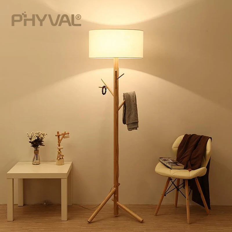 Lampadaire Nordique bois sur pied tissu interrupteur