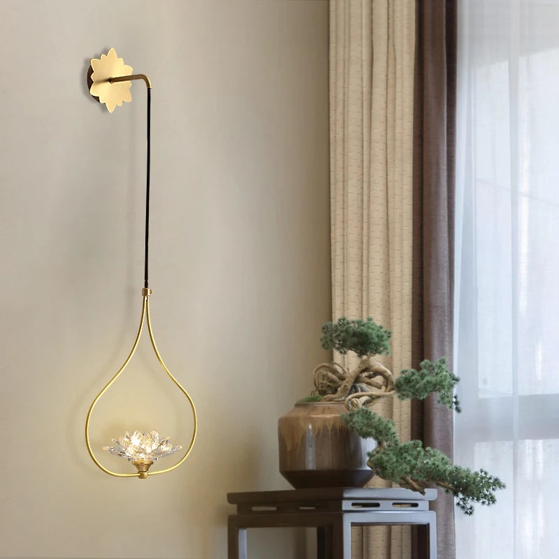 Étude G9 LED Lotus appliques murales pour salon Restaurant lecture éclairage chinois cuivre longue applique murale en cristal Lampara Pared - vue 4 sur 6