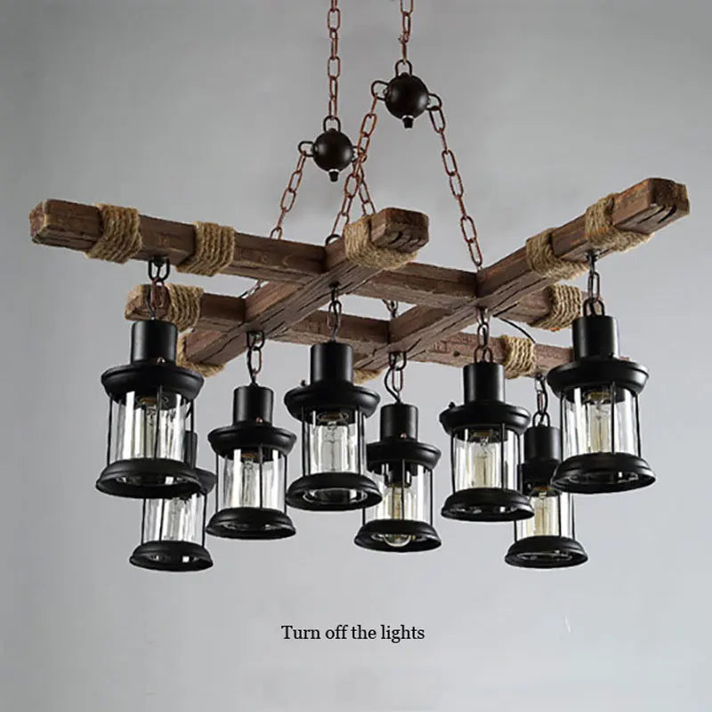 lustre industriel rétro en bois et fer avec 8 lampes