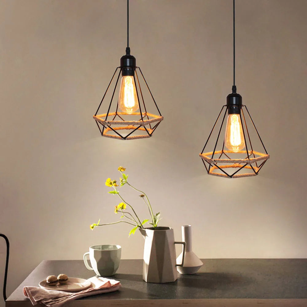 lampe suspendue vintage industrielle en fer et corde de chanvre