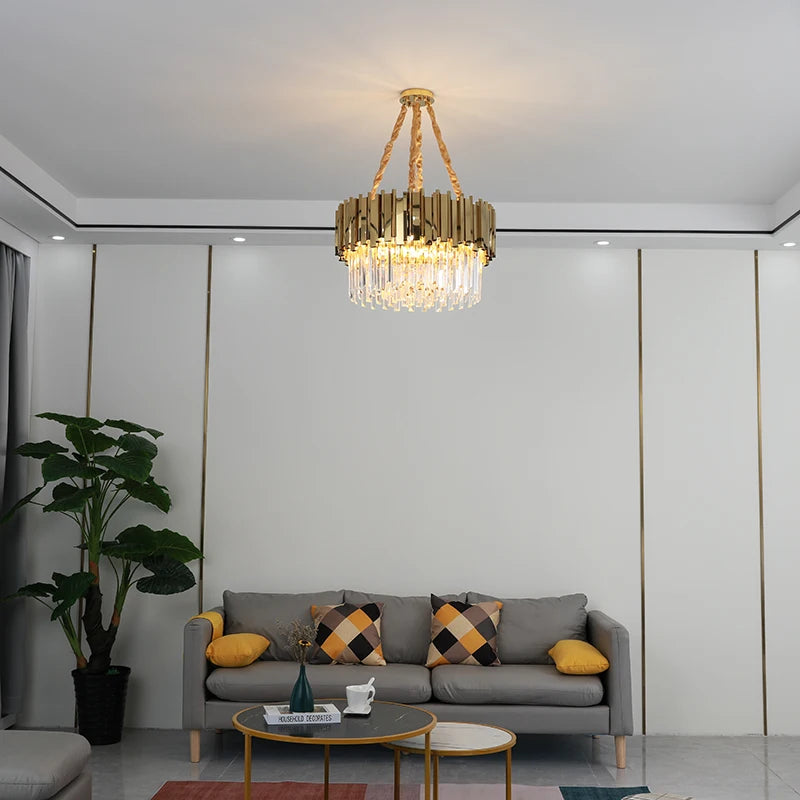 lustre moderne en cristal doré avec lampe led ronde - vue 4 sur 6