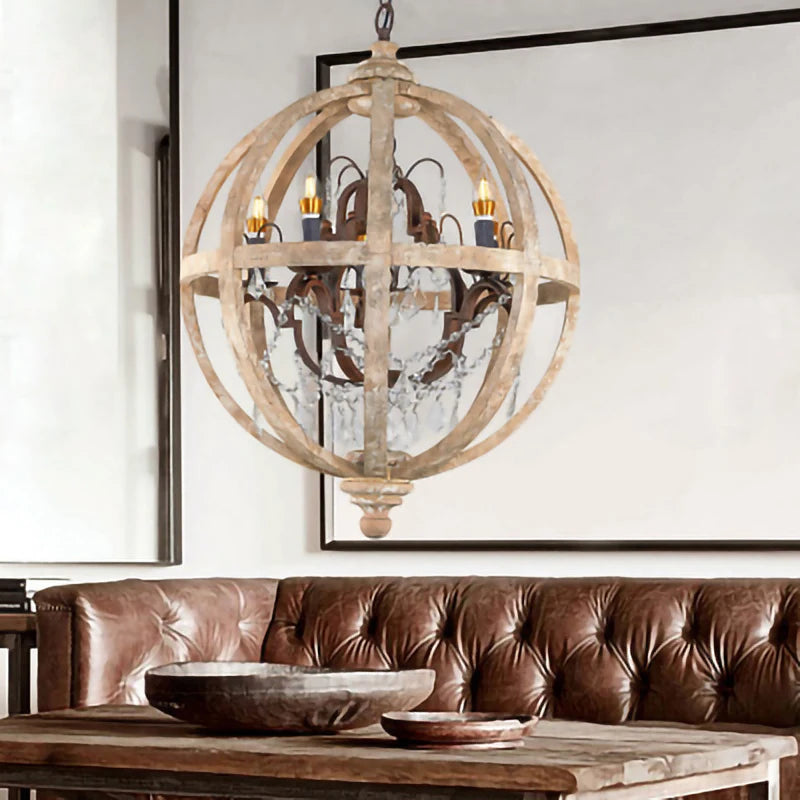 Lustre suspendu en bois massif rétro led dans le salon luminaire de décoration moderne rond Loft Suspension éclairage en cristal - vue 5 sur 8