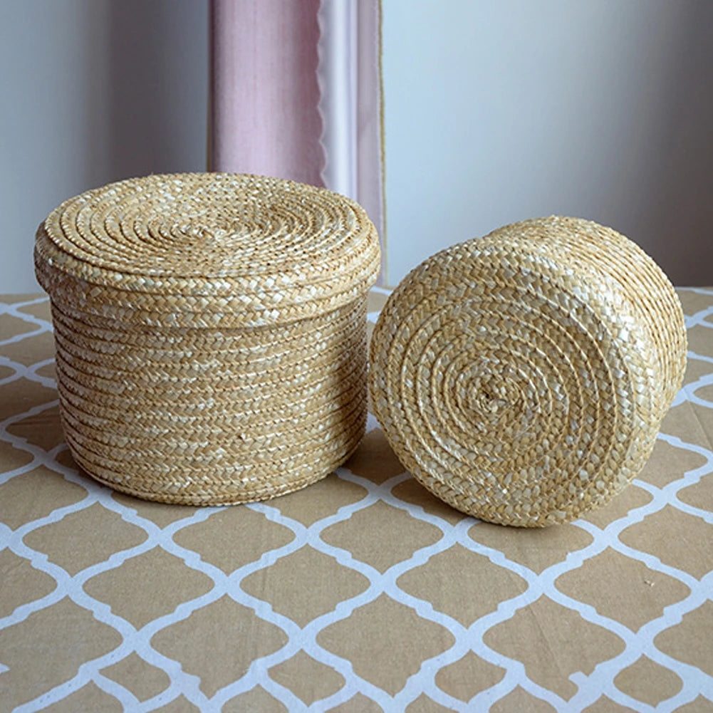 panier de rangement tissé en paille avec couvercle et organisateur - vue 4 sur 10