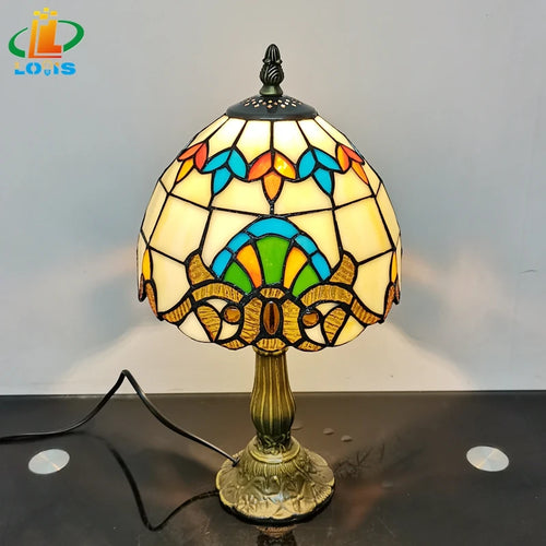 lampe de chevet baroque style tiffany en verre antique métal - vue 3 sur 6