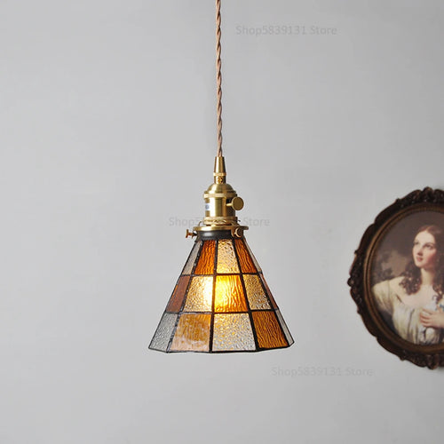 petit lustre nordique en cuivre avec verre coloré - vue 9 sur 14