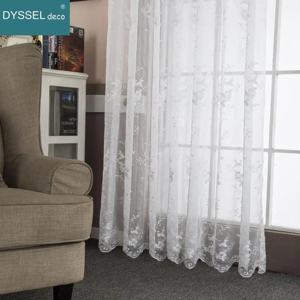 Rideau transparent broderie florale feston style europeen salon - vue 2 sur 8