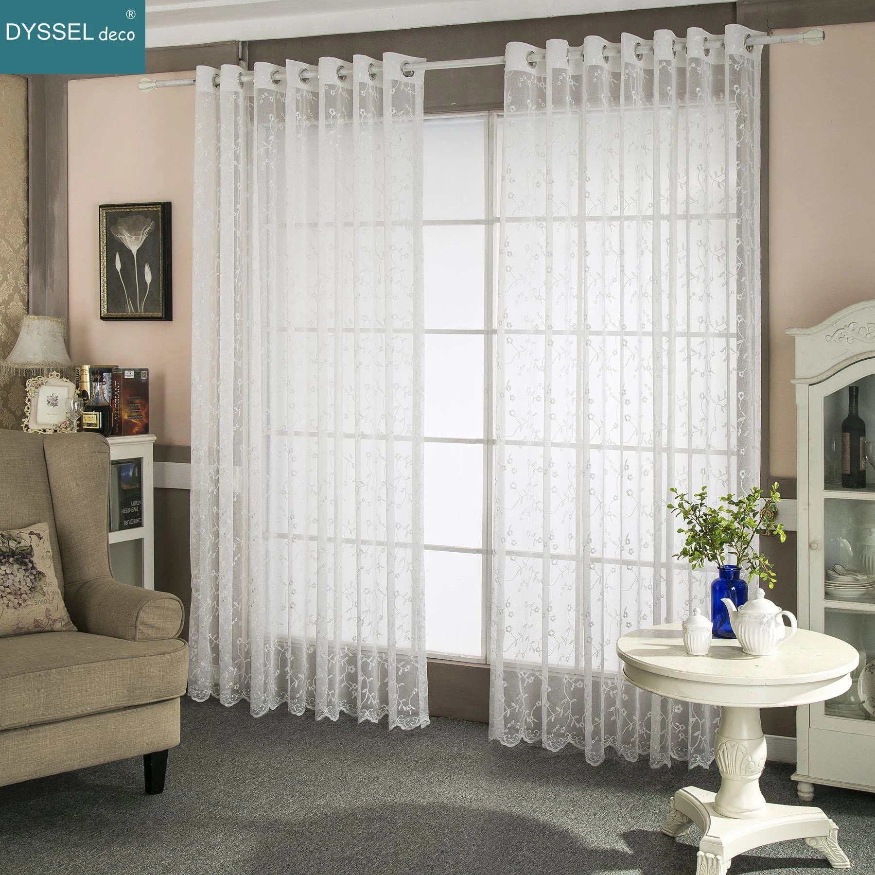 Rideau transparent brodé motif floral style rétro salon - vue 2 sur 8